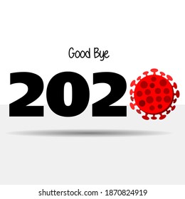 farewell good bye 2020 lettering with covid-19 coronavirus virus cell isolated in white background