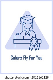 Farewell message to graduating students postcard with linear glyph icon. Greeting card with decorative vector design. Simple style poster with creative lineart illustration. Flyer with holiday wish