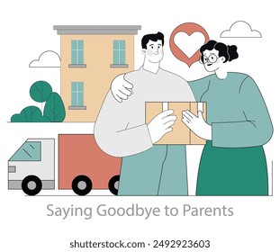 Farewell moment illustration. Adult child leaving home with parents' heartfelt support on moving day. Emotional goodbye, love and family bond. Vector illustration.