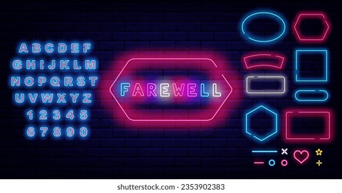 Farewell neon label. Geometric frames collection. Colorful handwritten text. Goodbye sign. Closed promotion. Light blue alphabet. Glowing advertising. Light banner. Vector stock illustration