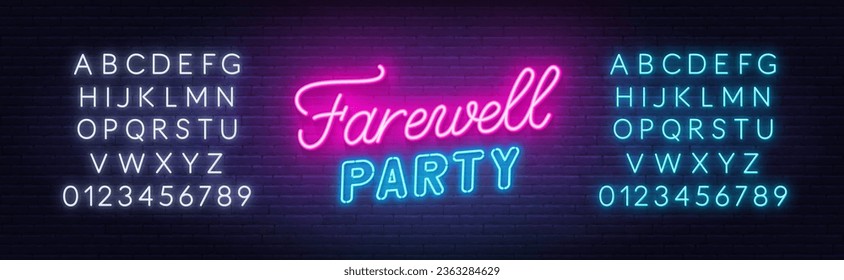 Farewell party neon lettering on brick wall background.