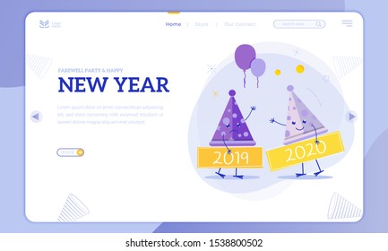 Farewell party and welcome 2020 on the landing page, funny illustration party hats