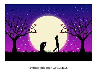 farewell vector silhouette in moonlight. leaving his partner in the moonlight, the sky bears witness. backlight and moonlight.vector