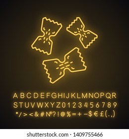 Farfalle neon light icon. Pasta. Bow tie shaped pastina. Butterflies from dough. Italian food. Mediterranean cuisine. Glowing sign with alphabet, numbers and symbols. Vector isolated illustration
