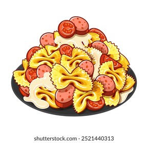 Vetor de ilustração Pasta Farfalle.  Farfalle italiano com salsicha, tomates e creme isolados. Massa Farfalle com Salsicha, Tomates e Creme Menu.  Massas alimentícias italianas com Molho Vetor.