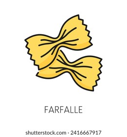 Farfalle pasta italian cuisine food isolated color outline icon. Vector macaroni of dry wheat, italian cuisine food. Bow w shaped pasta, uncooked farfalle