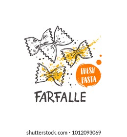 Farfalle pasta. Italian cuisine. Logo, icon and label for your design. Hand drawn doodle vector illustration. Can be used for menu, cafe, restaurant, bar, poster, shop, food studio, emblem, sticker.