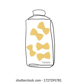Farfalle. Pasta in a jar simple linear drawing. Line art. Italian cuisine, pasta. Vector Illustration. Realistic dry macaroni, for cards, posters, postcard  design, logo, for printed matter.