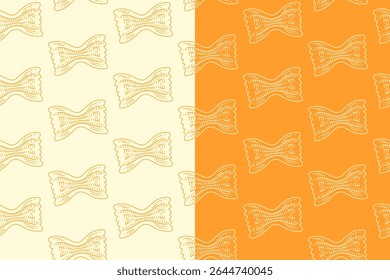 Farfalle macarrão linha arte padrão sem emenda no fundo branco amarelo. Italiano farfalle macarrão gravura doodle padrão fundo. Papel de parede Farfalle. Comida, restaurante, comida. Ilustração vetorial