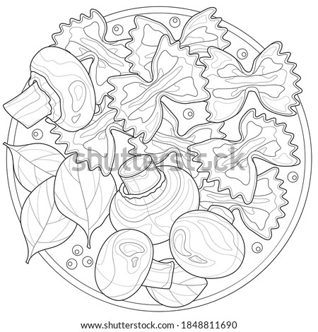 Farfalle pasta with mushrooms and spinach. anti stress coloring book design for children and adults. Illustration isolated on white background. Zen-tangle style. Stock photo © 