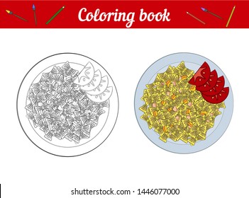Farfalle pasta with red tomato. Coloring book. The concept of lunch, dinner. Food on a round white plate in flat style.