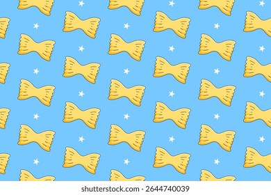 Farfalle pasta with star colorful doodle pattern on blue background. Italian farfalle pasta seamless pattern background. Farfalle isolated wallpaper. Food, restaurant, gourmet. Vector illustration