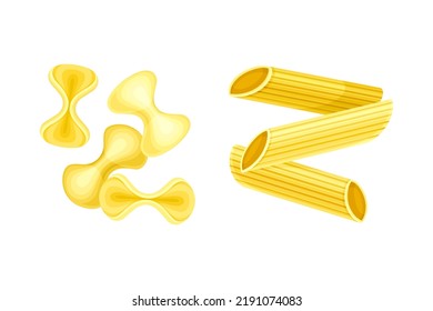 Farfalle and Penne Pasta of Wheat Flour for Cooking and Culinary Vector Set
