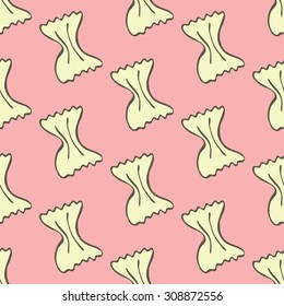 Farfalle. Seamless pattern with doodle kind of pasta.  Hand-drawn sketch background. Vector illustration. 
