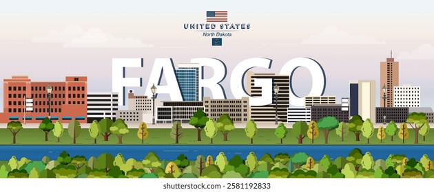 Fargo city skyline colorful vector illustration. Travel poster