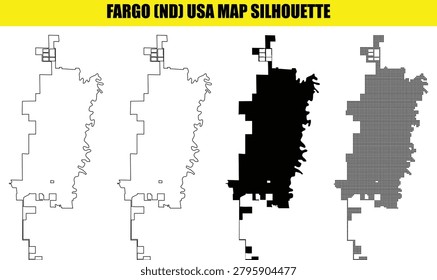 Fargo nd usa map silhouette in four distinct styles. Outline, solid, and dotted textures offer versatile design elements, perfect for geographic projects and educational materials.