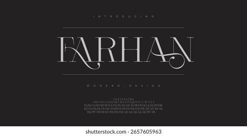 Farhan Elegant Font Uppercase Lowercase Number And Ampersand. Classic Lettering Minimal Fashion Designs. Typography modern serif fonts regular decorative vintage concept. vector illustration
