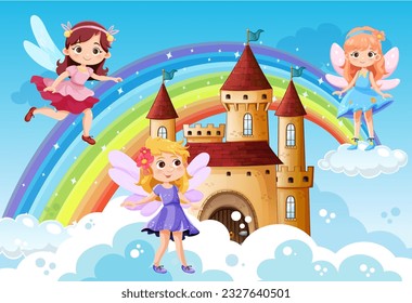 Faries flying on sky and castle background illustration