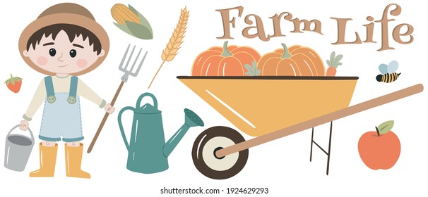 Farl life vector illustration. Young farmers. Harvesting. Local organic production set. Agricultural workers planting and gathering crops.