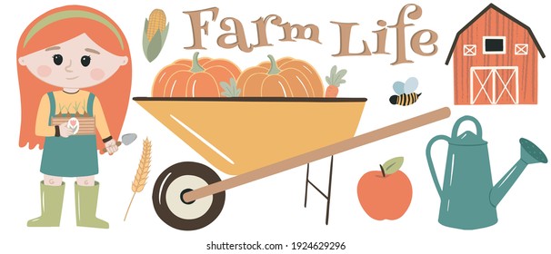Farl life vector illustration. Young farmers. Harvesting. Local organic production set. Agricultural workers planting and gathering crops.
