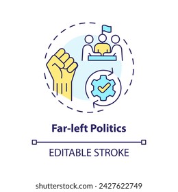 Far-left politics multi color concept icon. Progressive social, political reform. Human rights equality. Social justice. Round shape line illustration. Abstract idea. Graphic design. Easy to use