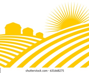 Farm abstract landscape. Fields and meadows. Houses and sun. Agriculture sign