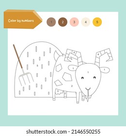 Farm activities for kids. Color by numbers – goat and haystack. Logic games for children. Coloring page. Vector illustration.
