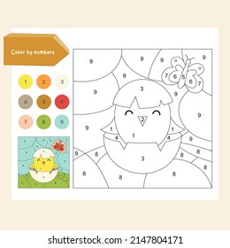 Farm activities for kids. Color by numbers – cute chick and butterfly. Logic games for children. Coloring page. Vector illustration.