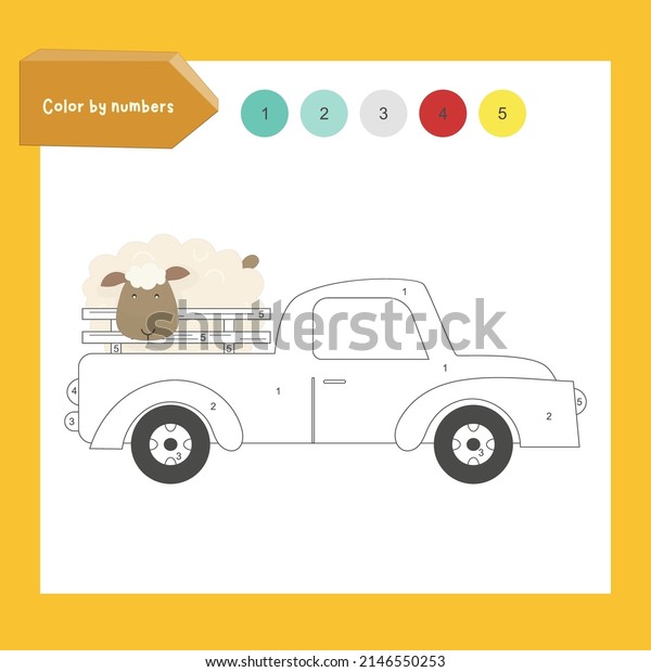 Farm activities for kids. Color by numbers\
– farm truck, sheep. Logic games for children. Coloring page.\
Vector illustration.