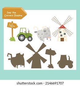 Farm activities for kids. Find the correct shadow for goat, tractor, mill, signpost. Vector illustration.