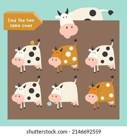 Farm activities for kids. Find two same pictures - cute cows. Logic games for kids. Vector illustration.