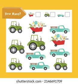 Farm activities for kids. How many. Count the number of tractors, trucks and wheelbarrows. Vector illustration.