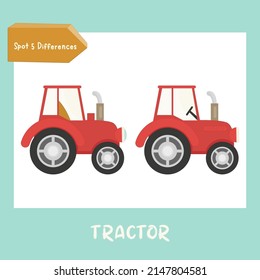 Farm activities for kids. Spot 5 differences. Farm tractor. Vector illustration.