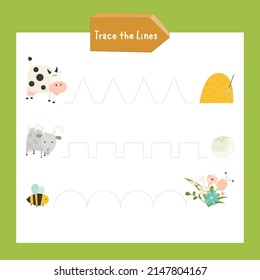 Farm activities for kids. Trace the lines. Vector illustration.