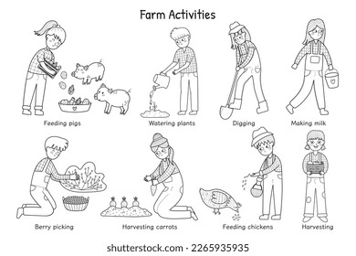 Farm activities set in black and white with cute kids farmers. Cute characters doing gardening and agricultural work. Great for coloring book. On the farm outline collection. Vector illustration