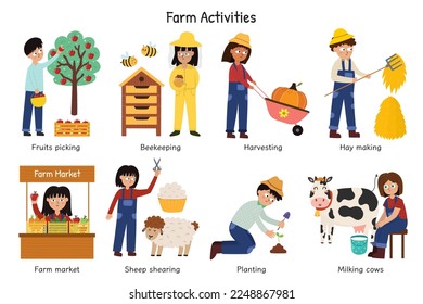 Farm activities set with cute kids farmers. Cute characters doing gardening and agricultural work. Harvesting, beekeeping, sheep shearing, planting and more. On the farm collection vector illustration