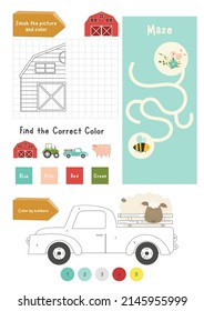 Farm Activity pages for kids. Printable activity sheet with mini games – coloring, find the correct color, maze game. Vector illustration