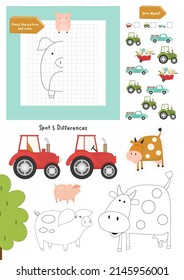 Páginas de actividad agrícola para niños. Ficha de actividades imprimible con mini juegos - color, diferencias de puntos, cuántas partidas. Ilustración del vector