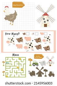 Farm Activity pages for kids. Printable activity sheet with mini games – maze, copy the picture, count the animals. Vector illustration