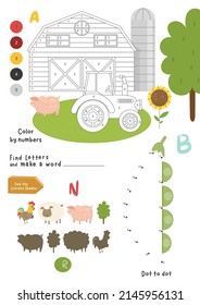 Farm Activity pages for kids. Printable activity sheet with mini games – color by numbers, dot to dot, find the correct shadow. Vector illustration