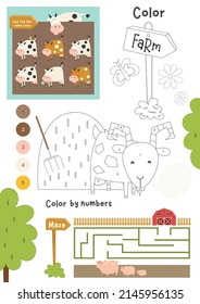 Farm Activity pages for kids. Printable activity sheet with mini games – coloring, spot differences, maze game. Vector illustration