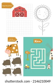 Farm Activity pages for kids. Printable activity sheet with mini games – coloring, copy the picture, maze game. Vector illustration.