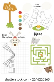 Farm Activity pages for kids. Printable activity sheet with mini games – coloring, finish the picture, maze game. Vector illustration.