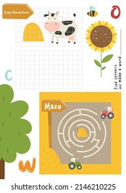 Farm Activity pages for kids. Printable activity sheet with mini games – coloring, copy the picture, maze game. Vector illustration.