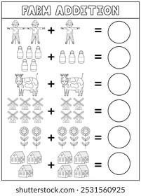 Farm addition black and white worksheet for kids. Math activity page in outline with cute farm characters. Calculate and write the result sheet for school and preschool. Vector illustration