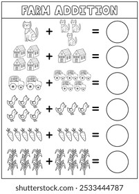 Farm addition black and white worksheet for kids. Math activity page in outline with cute farm characters and elements. Calculate the result sheet for school and preschool. Vector illustration