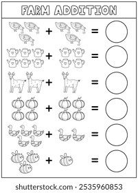 Farm Addition schwarz-weiß Arbeitsblatt für Kinder. Mathematische Aktivitätsseite in Gliederung mit niedlichen Farmzeichen. Berechnen und schreiben Sie die Ergebnisliste für Schule und Vorschule. Vektorgrafik