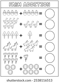 Farm Addition schwarz-weiß Arbeitsblatt für Kinder. Mathematische Aktivitätsseite in Gliederung mit niedlichen Farmzeichen. Berechnen und schreiben Sie die Ergebnisliste für Schule und Vorschule. Vektorgrafik