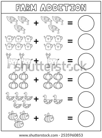 Farm addition black and white worksheet for kids. Math activity page in outline with cute farm characters. Calculate and write the result sheet for school and preschool. Vector illustration