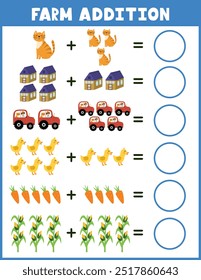 Farm addition worksheet for kids. Math activity page with cute farm characters and elements. Calculate and write the result sheet for school and preschool. Vector illustration